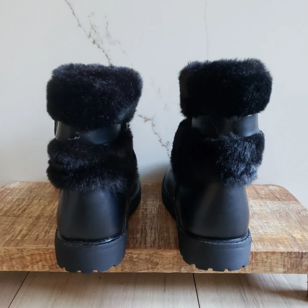 Bellaoia Boots Girls 1 Black Butterfly Faux Fur Ankle Rhinestone Lug‎ Sole